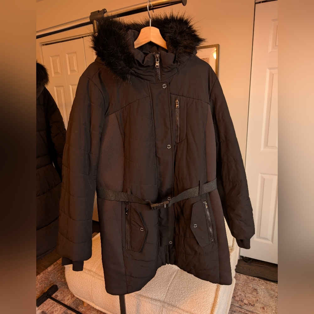 EUC PLUS 3X Michael Kors Women's Black Fur-Trimmed Removable Hood Coat